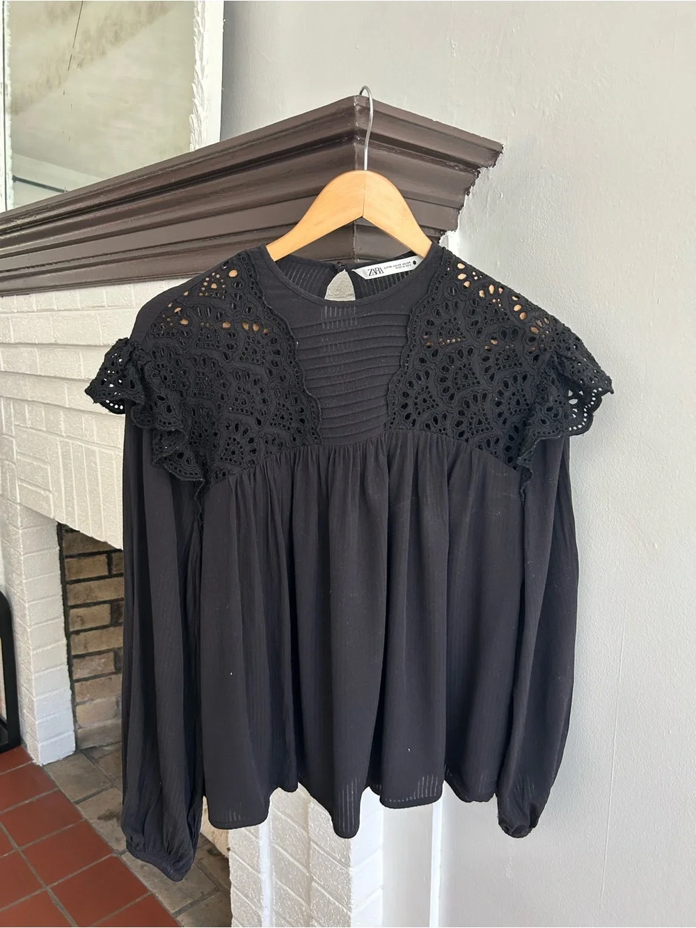 Zara Black Crochet Yoke Long Sleeve Blouse